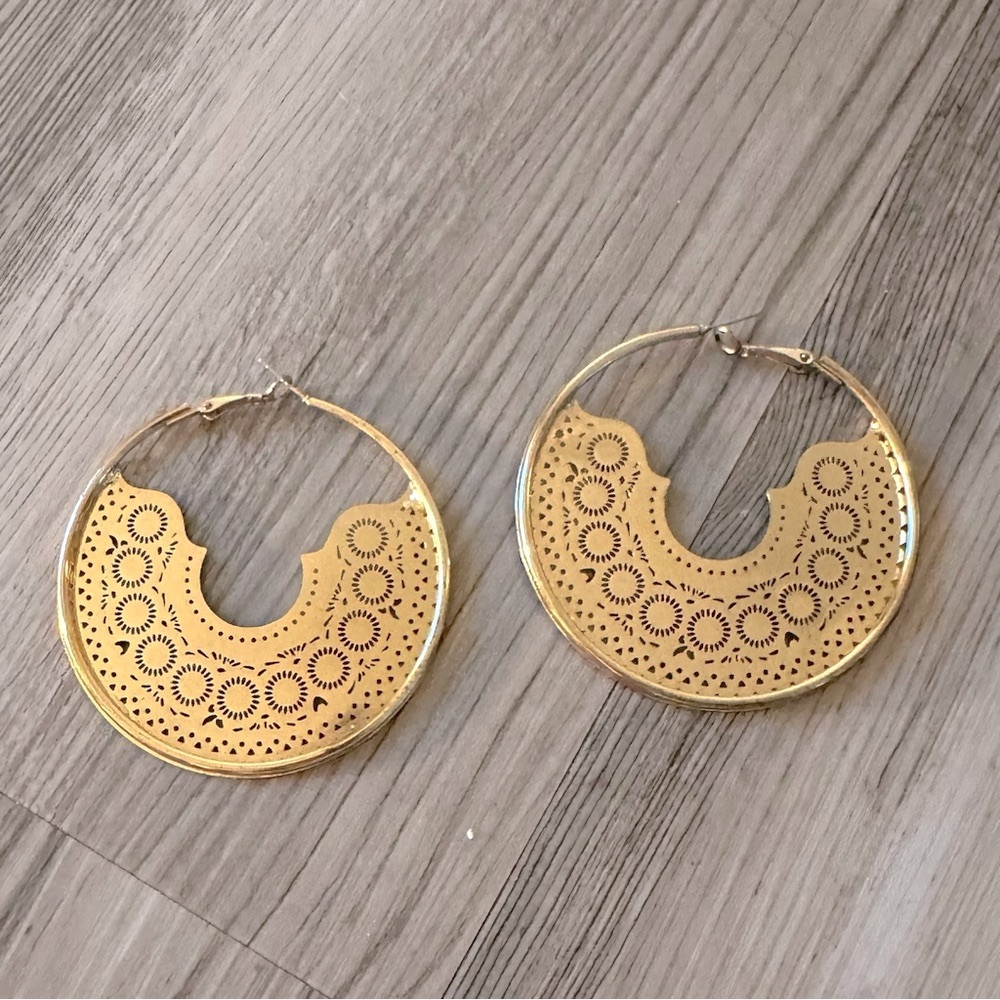 Gold Boho Tribal Hoop Earrings Statement Crescent Cutout Festival Jewelry